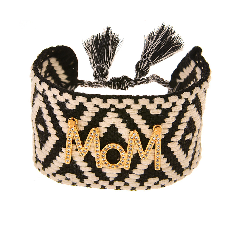 Fashion Black Copper Inlaid Zircon Letters Mom Pendant Braided Tassel Bracelet