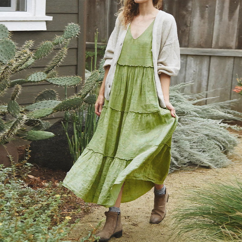 Fashion Green Cotton V-neck Maxi Skirt