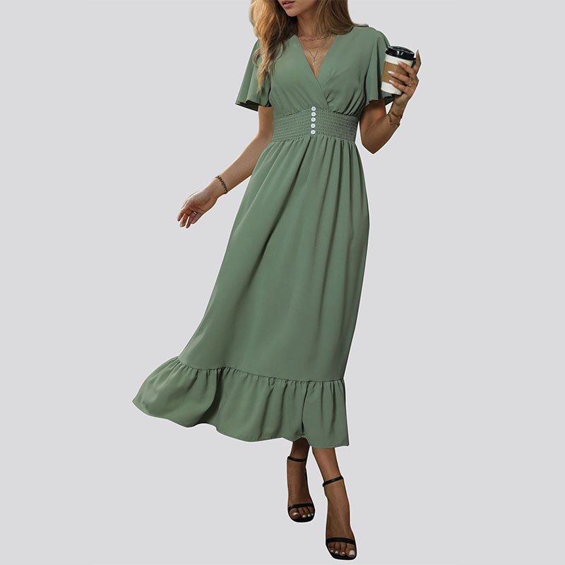 Fashion Green Polyester V-neck Long Skirt