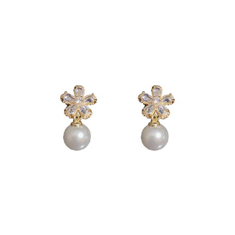 Fashion Zircon Flower Pearl Earrings (thick Real Gold Plating) Zirconia Pearl Flower Stud Earrings