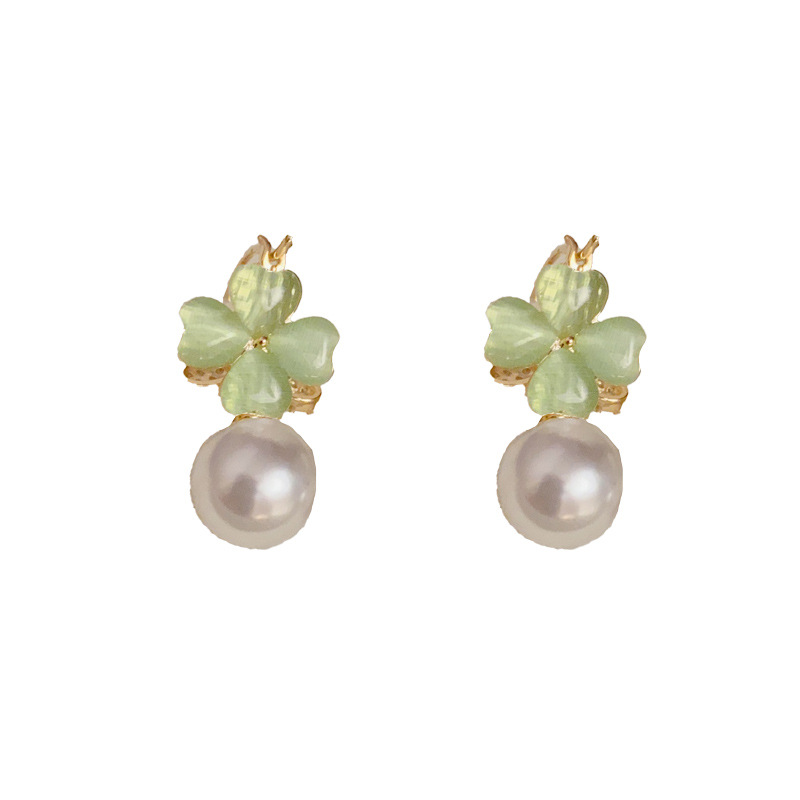 Fashion Green-double-sided Four-leaf Flower Pearl Earrings (thick Real Gold Plating) Double-sided Flower Pearl Earrings