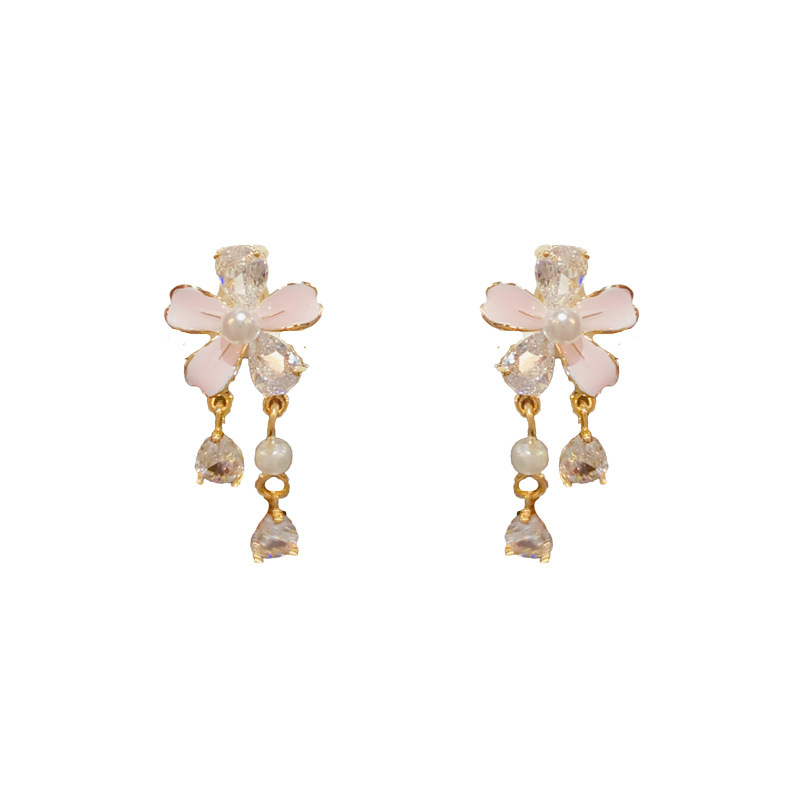 Fashion Pink Zircon Flower Tassel Earrings (thick Real Gold Plating) Zirconia Flower Tassel Drop Earrings