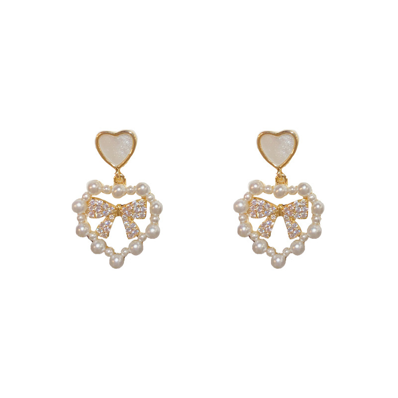 Fashion Pearl Love Zircon Bow Earrings (thick Real Gold Plating) Pearl Heart Inlaid Zirconia Bow Pendant Earrings