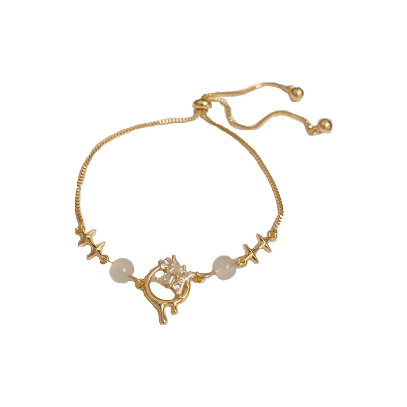 Fashion Zircon Star And Moon Shaped Hand Jewelry (thick Real Gold Plating) Zirconium Set Geometric Adjustable Bracelet