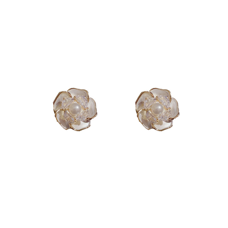 Fashion Zircon Pearl Camellia Earrings (thick Real Gold Plating) Zirconia Pearl Flower Stud Earrings