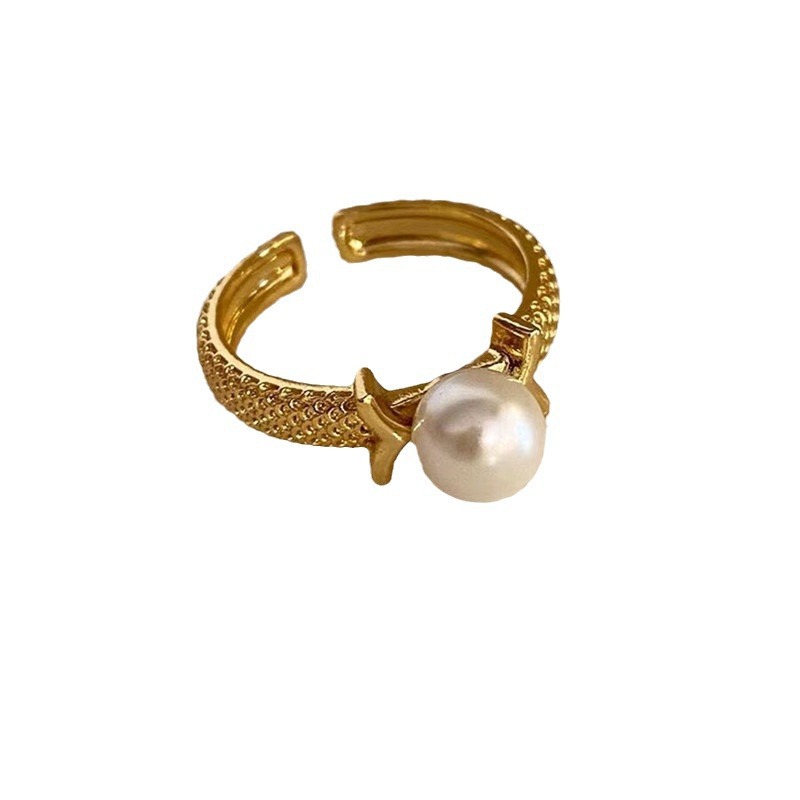 Fashion Gold Plaid Freshwater Pearl Ring (thick Real Gold Plating) Pearl Open Ring