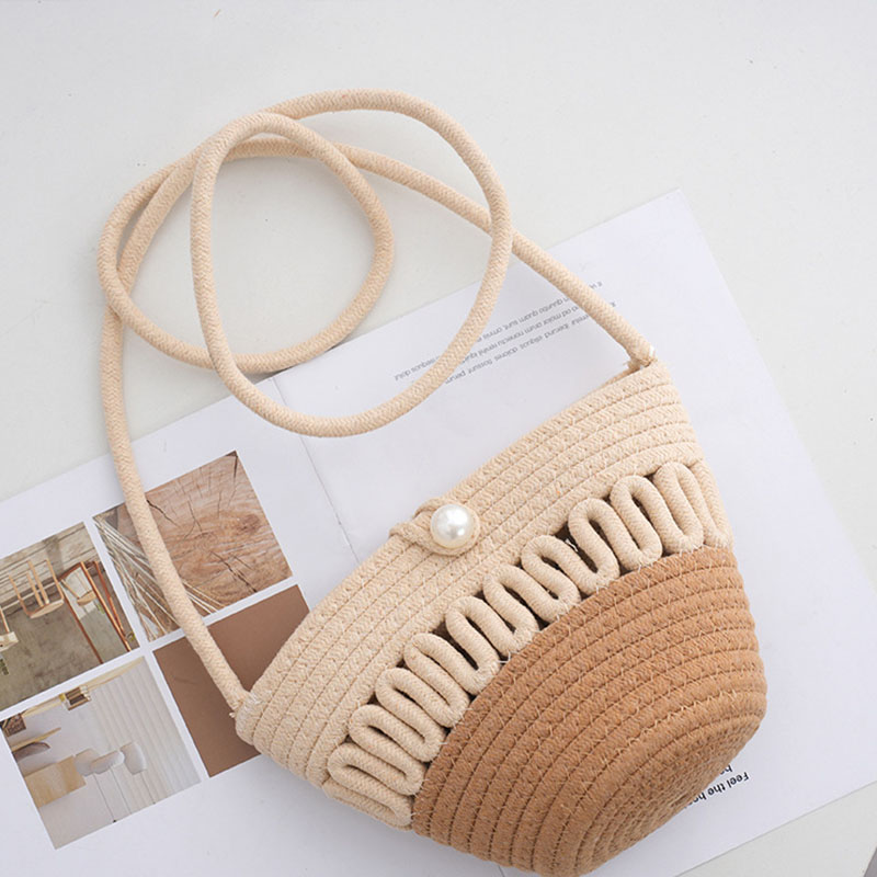 Fashion Contrasting Colors Pearl Button Woven Cotton Hollow Cross-body Bag