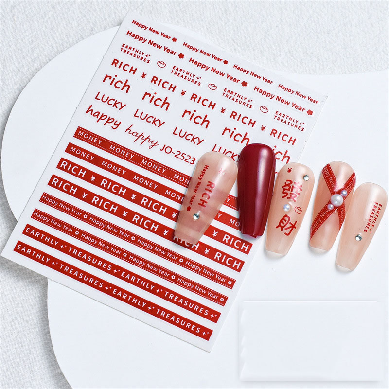 Fashion New Year Red Sticker 2523 New Year Red Sticker Letters Adhesive Nail Stickers