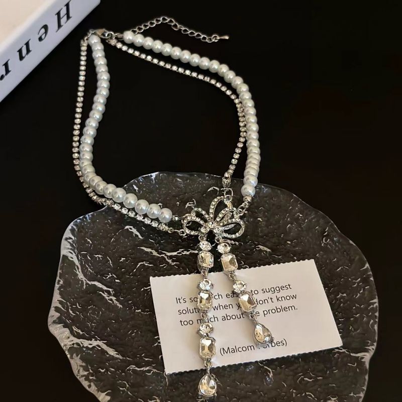 Fashion Silver Pearl Beaded Diamond Double Necklace