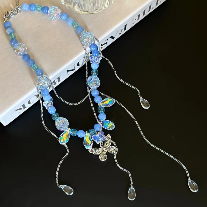 Fashion Blue Crystal Beaded Butterfly Chain Necklace