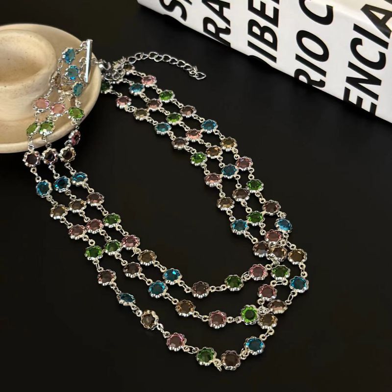 Fashion Silver Multi-layered Colorful Crystal Necklace