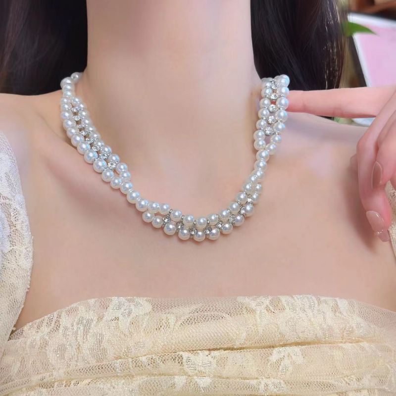 Fashion White Geometric Multi-layered Pearl Bead Necklace