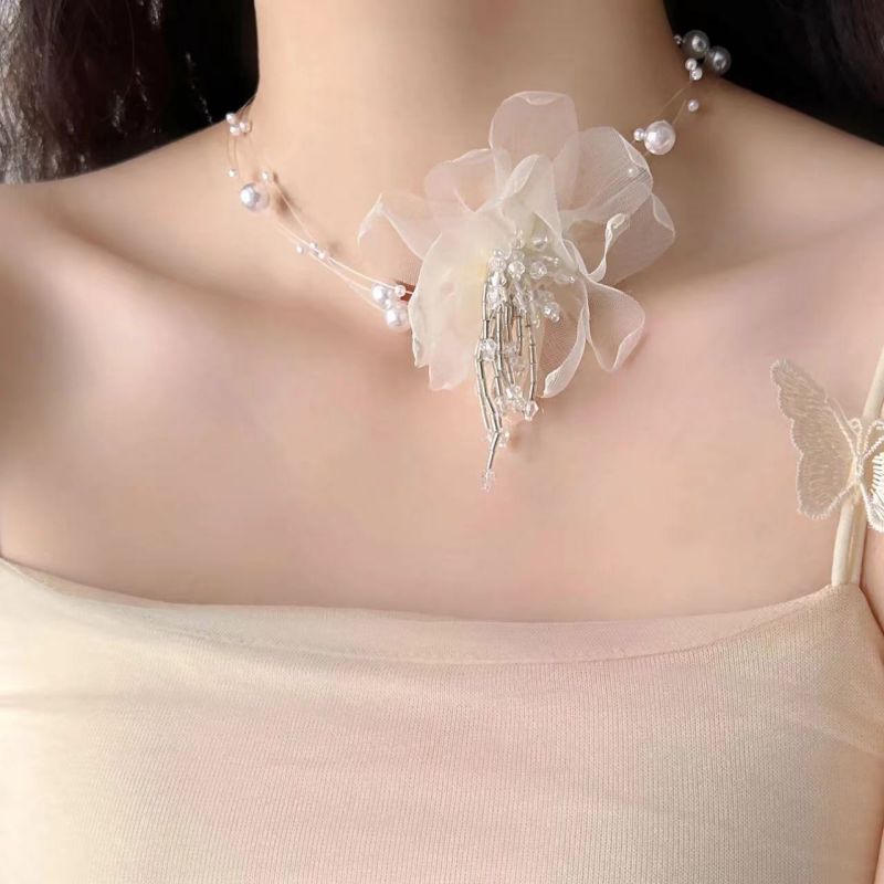 Fashion Silver Mesh Flower Pearl Multi-layer Necklace