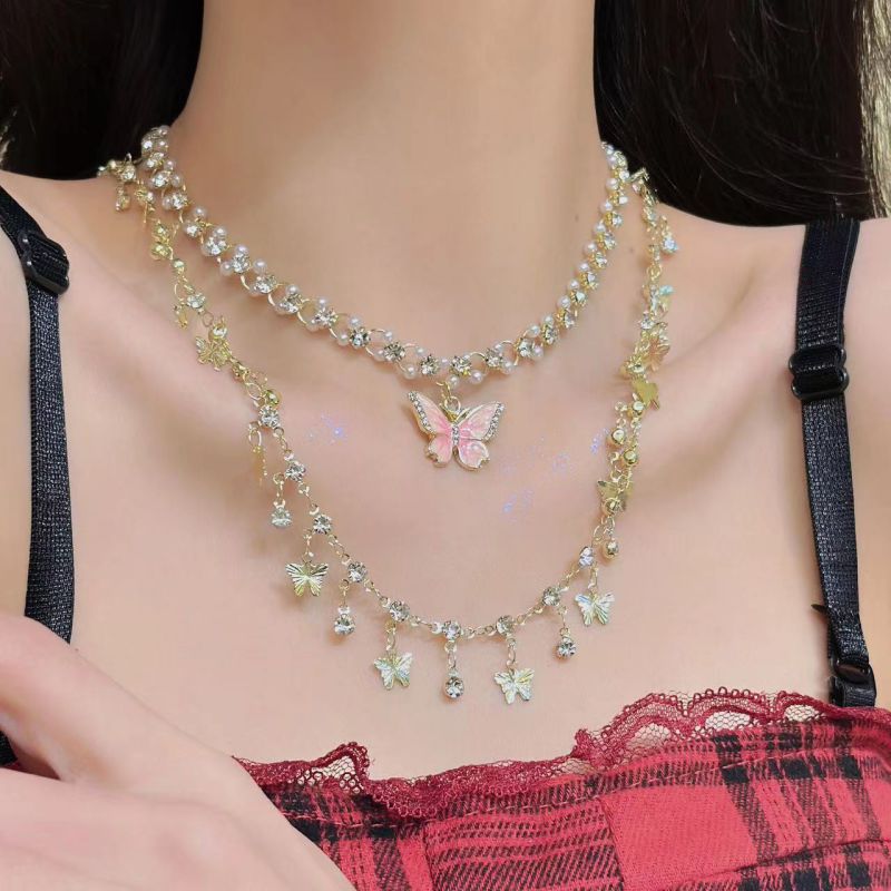 Fashion Section B Alloy Oil Drop Butterfly Double Pearl Necklace