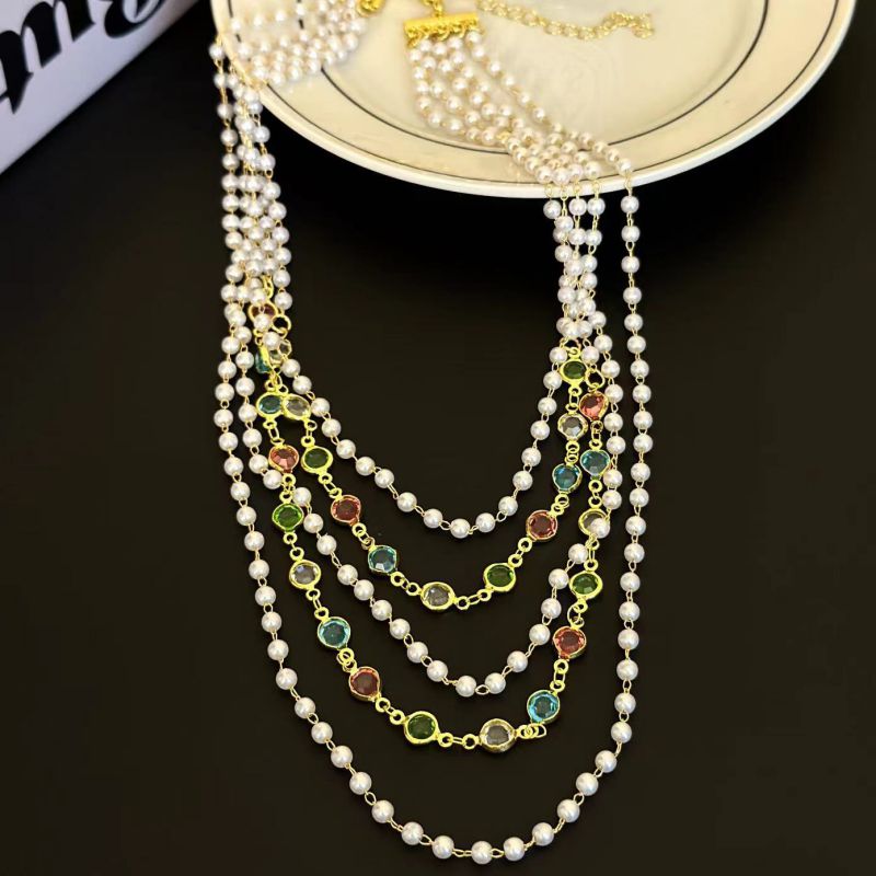 Fashion Gold Multi-layered Pearl Colored Crystal Beaded Necklace