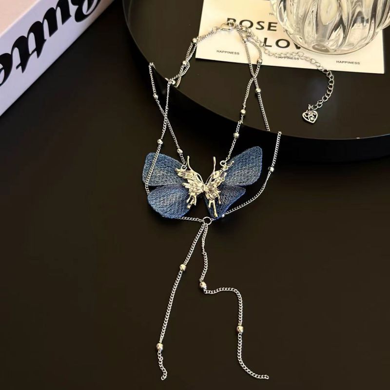 Fashion Silver Double Butterfly Tassel Necklace