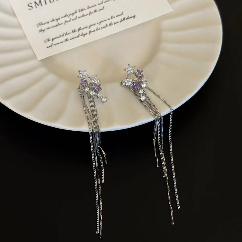 Fashion Silver Alloy Diamond Star Tassel Earrings