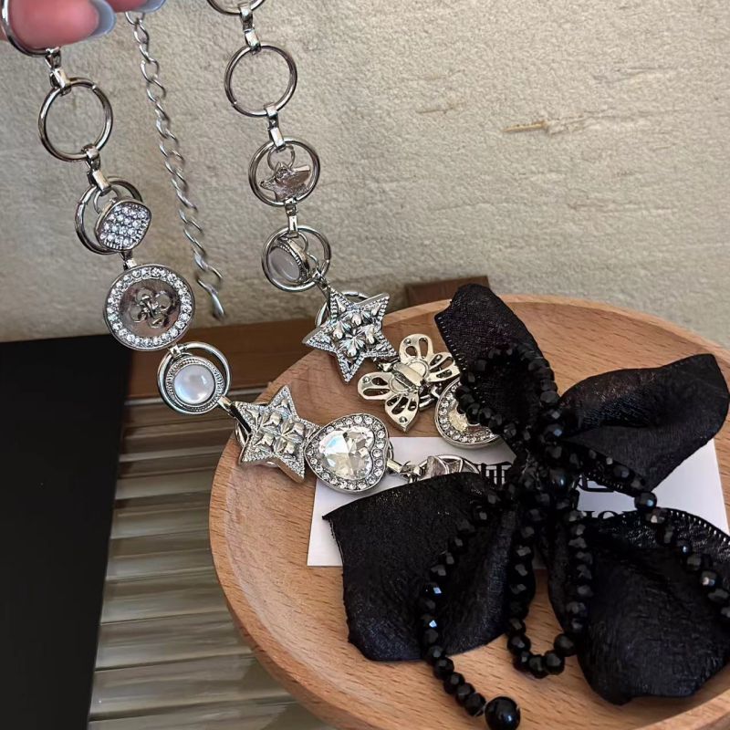 Fashion B Black Bow Alloy Diamond Pentagram Button Lace Bow Necklace