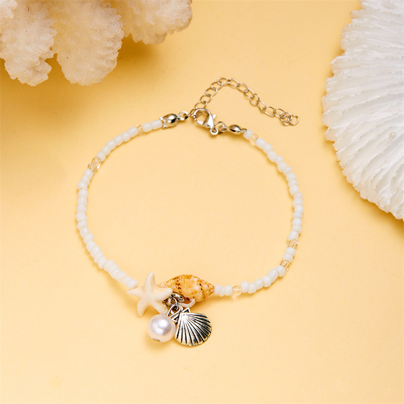Fashion White Rice Beads Beaded Starfish Shell Bracelet