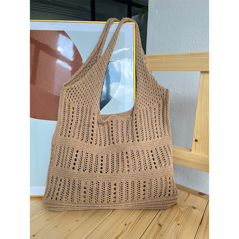 Fashion Khaki Woven Hollow Large Capacity Shoulder Bag