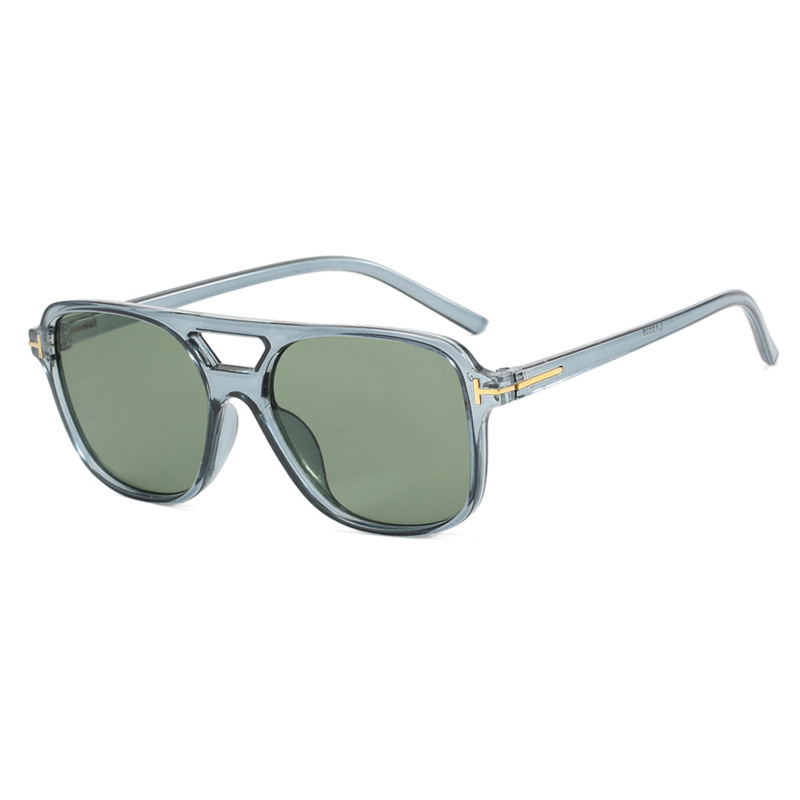 Fashion Transparent Gray Dark Green Double Bridge Large Frame Square Sunglasses