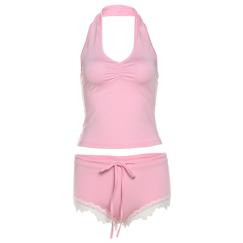 Fashion Pink Polyester Halter Vest Low Waist Lace Shorts Set