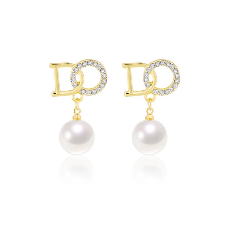 Fashion Gold Metal Diamond Letter Pearl Earrings