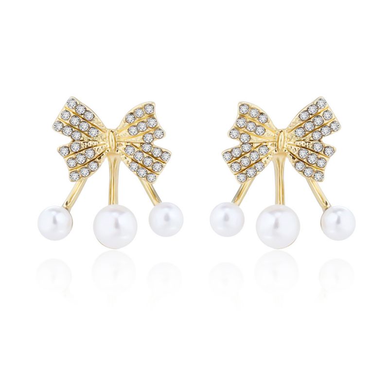 Fashion Gold Alloy Diamond-inlaid Pearl-inlaid Diamond Bow Stud Earrings