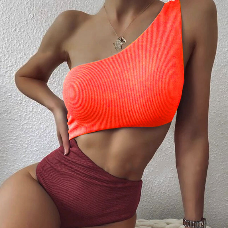 Fashion Orange + Wine Red Polyester Colorblock One-shoulder Cutout Swimsuit