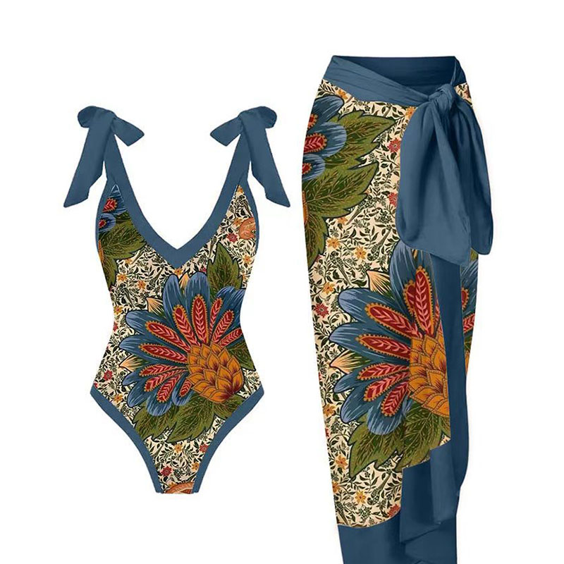 Fashion 12# Nylon Printed Lace-up One-piece Swimsuit With Knotted Beach Skirt Set