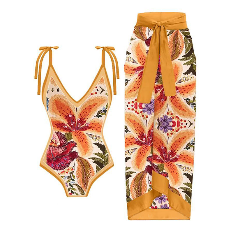 Fashion 20# Nylon Printed Lace-up One-piece Swimsuit With Knotted Beach Skirt Set