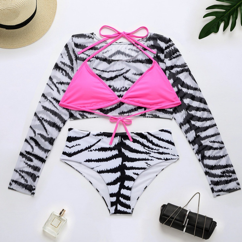 Fashion Zebra Print Polyester Printed Halterneck Lace-up One-piece Swimsuit Bikini Three-piece Set