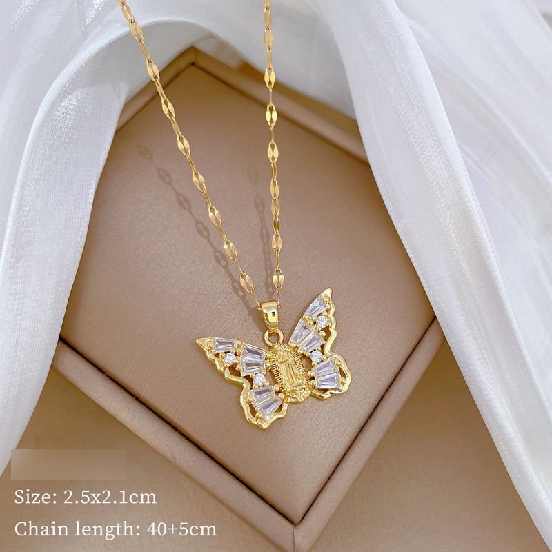 Fashion Gold Titanium Steel Diamond Butterfly Portrait Necklace