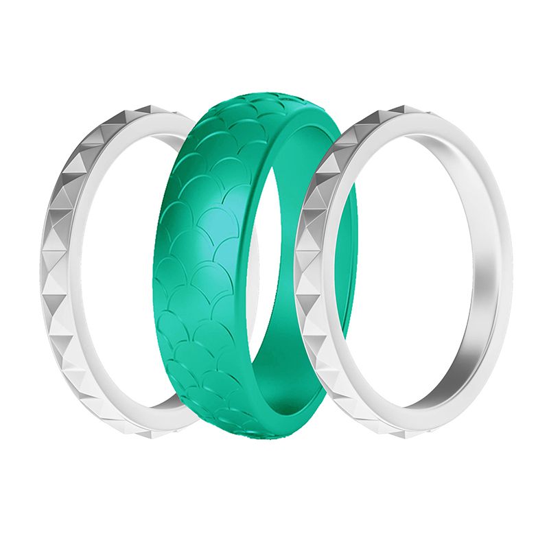 Fashion December Turquoise 1 + White 2 Silicone Fish Scale Pattern Diamond Ring Set