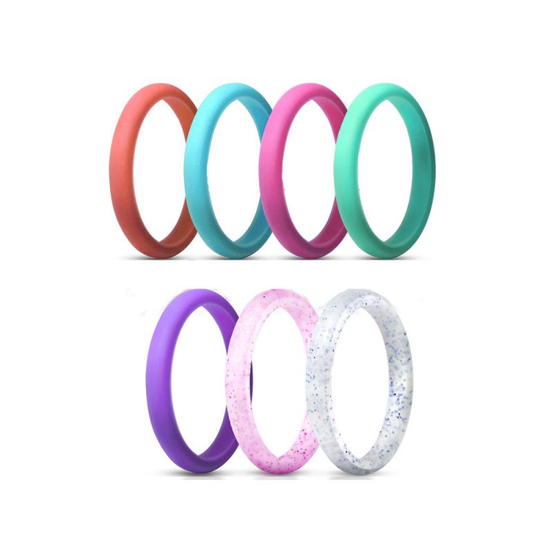 Fashion 7 Color Group 3 Silicone Glitter Round Ring Set
