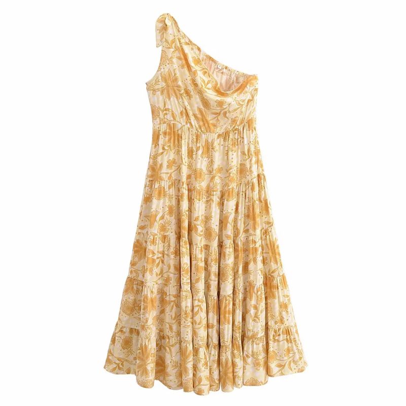 Fashion Yellow Woven Printed One-shoulder Knee-length Skirt