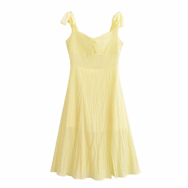 Fashion Yellow Woven Strappy Knee-length Skirt
