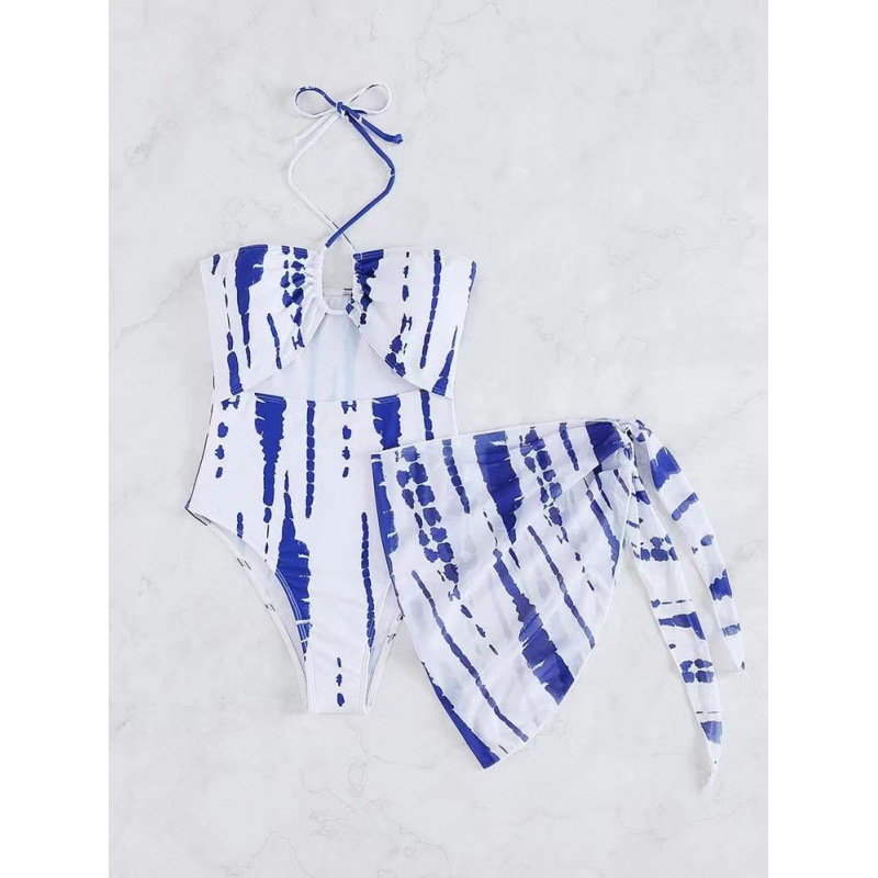 Fashion 1# Polyester Halterneck Lace-up One-piece Swimsuit Gauze Skirt Set