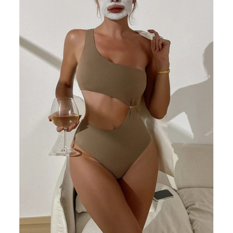 Fashion Coffee Color Polyester One-shoulder Hollow One-piece Swimsuit