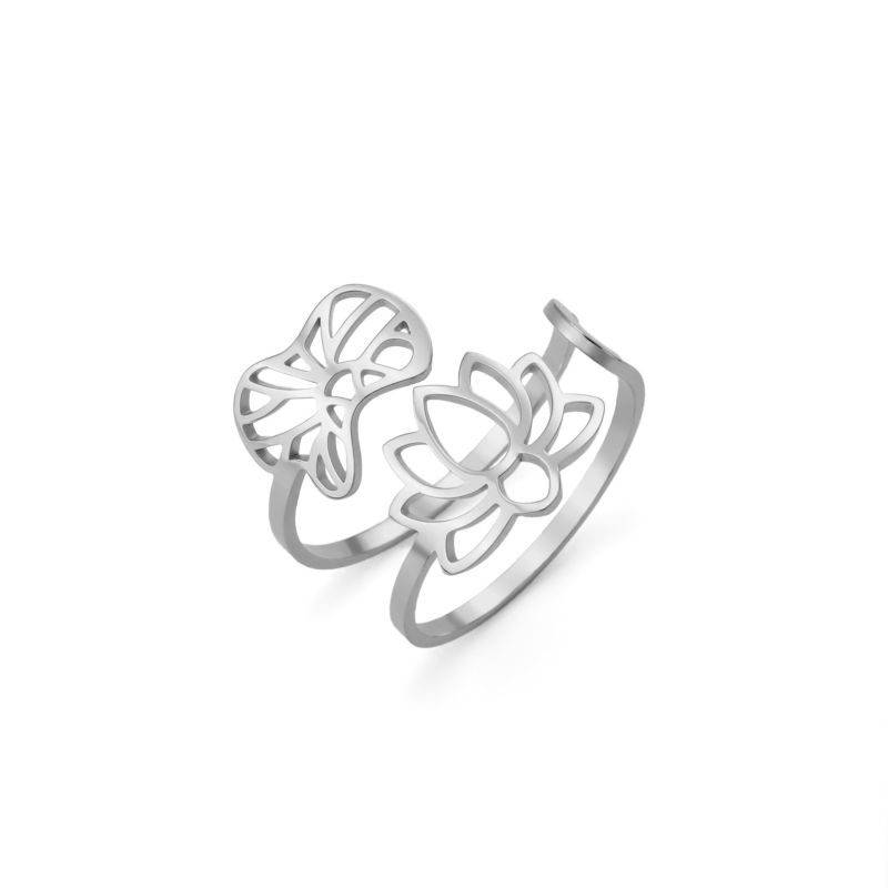 Fashion Steel Color Double Layer Lotus Stainless Steel Lotus Open Ring
