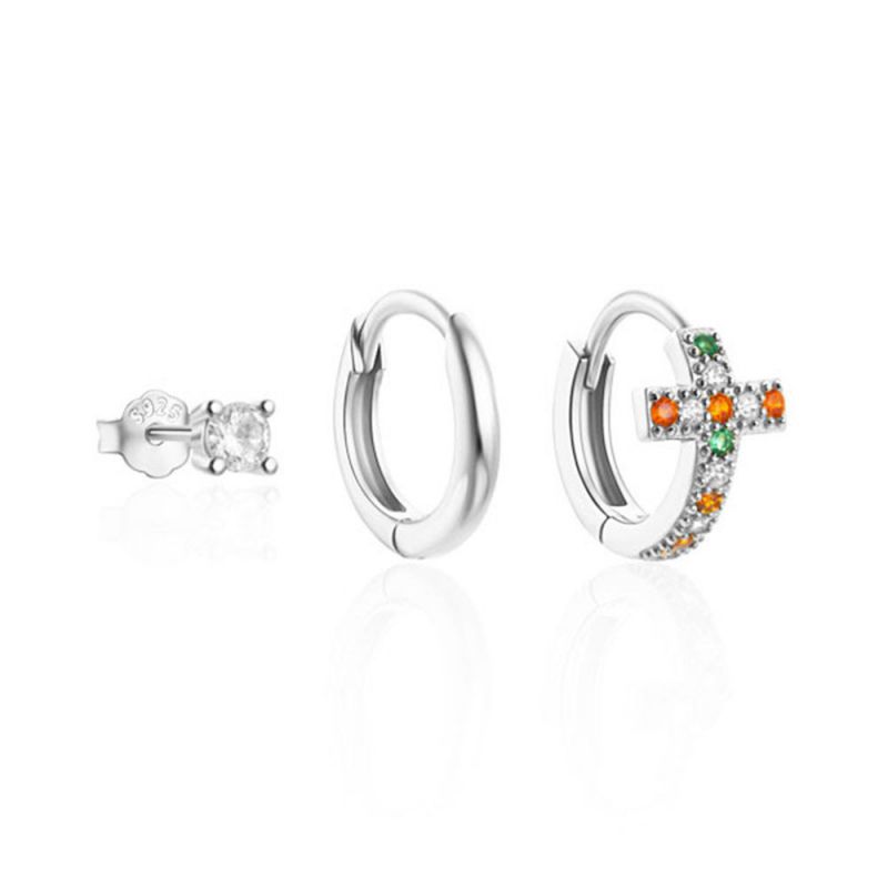 Fashion Set Of 3-platinum Silver Diamond Geometric Earring Set
