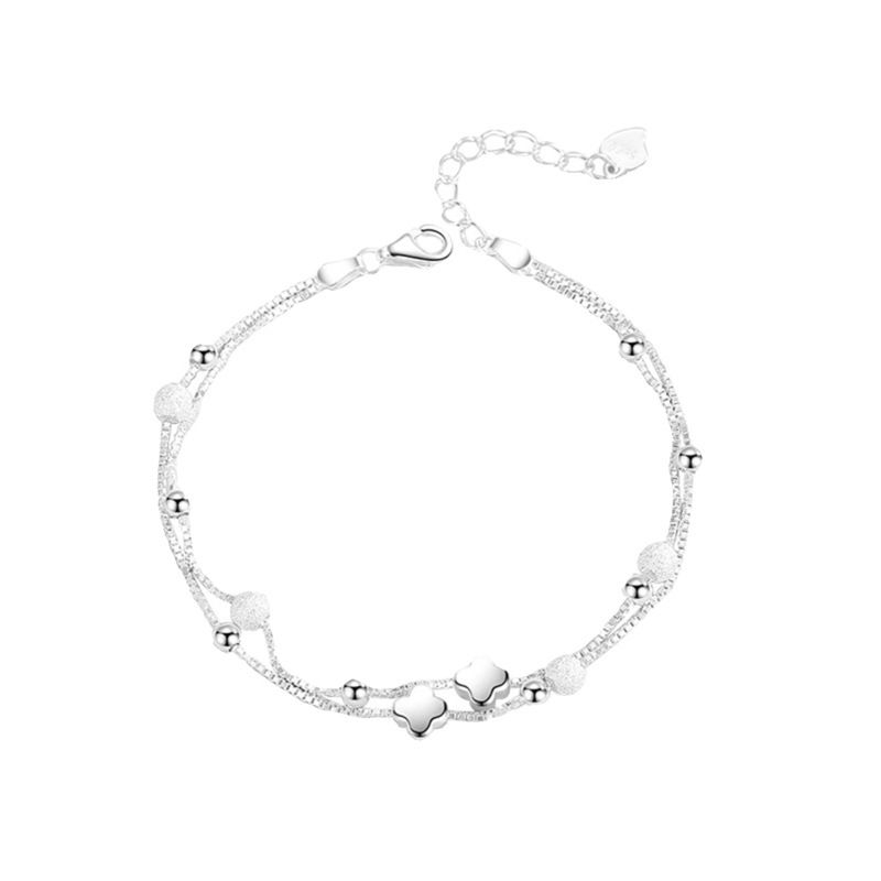 Fashion Four-leaf Clover Transfer Bead Double Layer Bracelet - White Gold Copper Double Layer Ball Beads Four-leaf Clover Bracelet