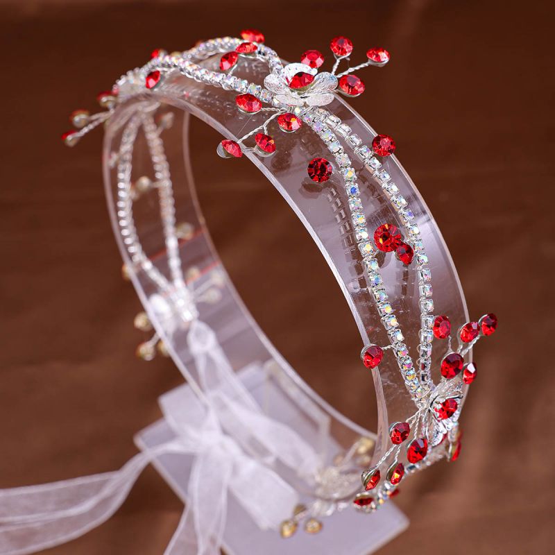 Fashion Silver Red Geometric Diamond Braided Flower Headband