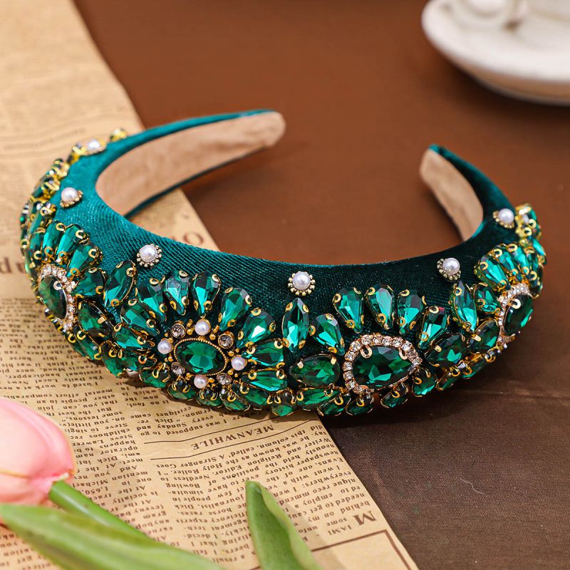 Fashion Green Fabric Diamond-encrusted Wide-brimmed Headband