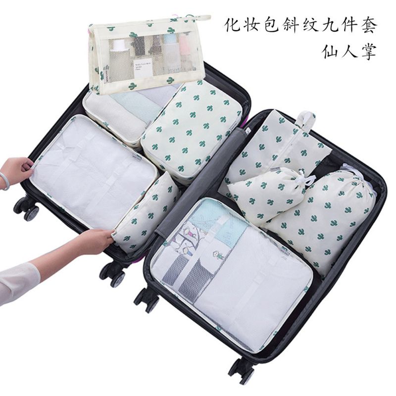 Fashion Cosmetic Bag (nine-piece Set)-cactus Polyester Large Capacity Storage Bag Set