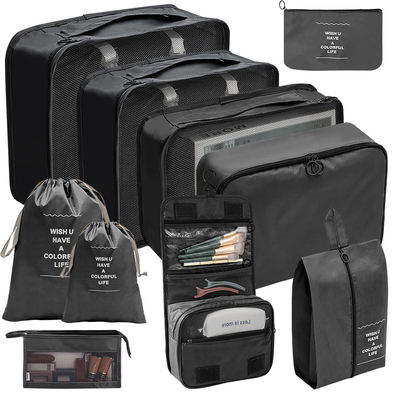 Fashion Toiletries Bags Cosmetic Bags (ten Piece Set) Black Polyester Large Capacity Storage Bag Set