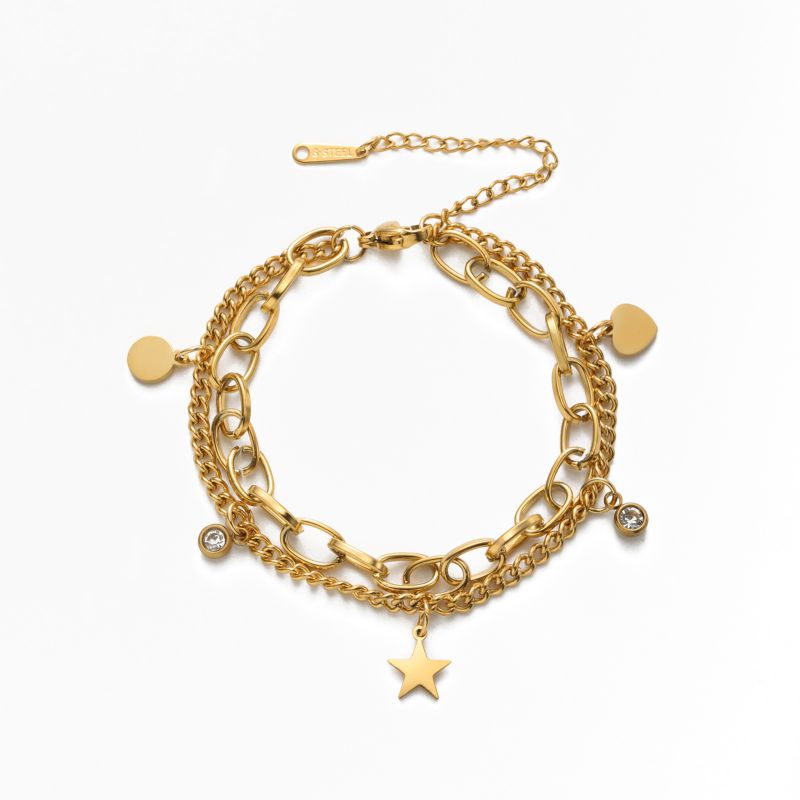 Fashion Gold Stainless Steel Diamond Five-pointed Star Double Layer Bracelet