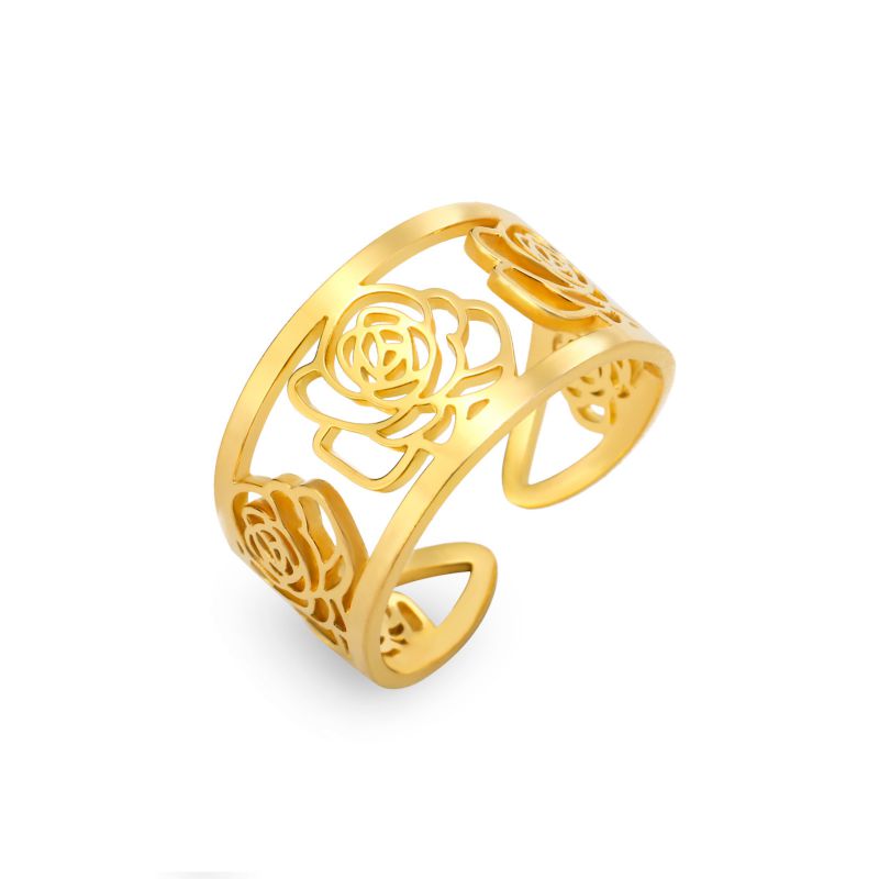 Fashion Gold Titanium Steel Hollow Rose Open Ring