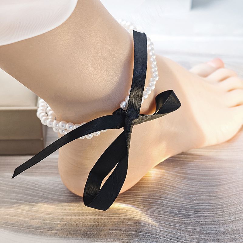 Fashion Black Pearl Beaded Bow Anklet