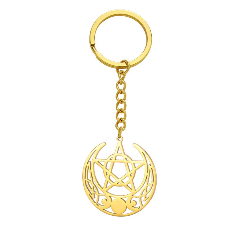 Fashion Gold Titanium Steel Hollow Star And Moon Keychain